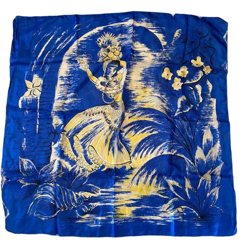 Vintage Pure Silk Scarf Carmen Miranda Dancing Woman‎ Fruit Blue Yellow Rolled